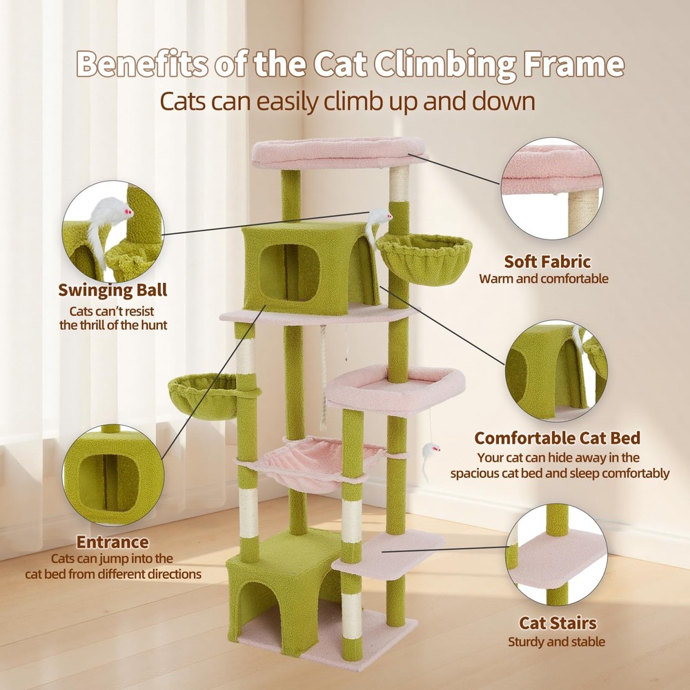 69.7-inch (177cm) Multi-Level Cat Tree with 2 Perches, 2 Condos, 2 Hammocks, ...