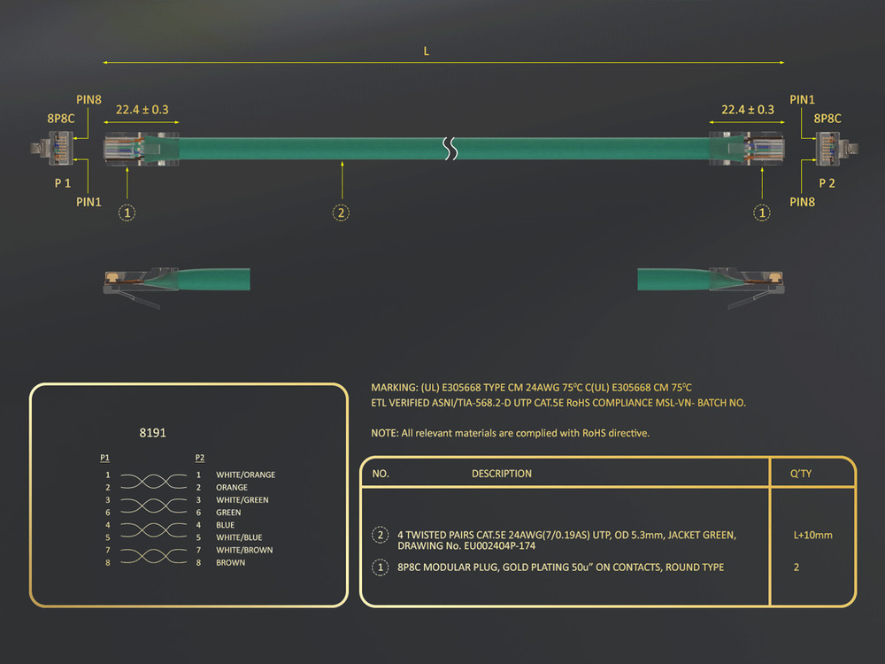 7ft Cat5e UTP Non-Booted Ethernet Network Patch Cable 24AWG Bare Copper, Green