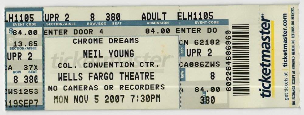 2007 Neil Young  Pegi Young Full Complete Concert Ticket Stub Denver CO