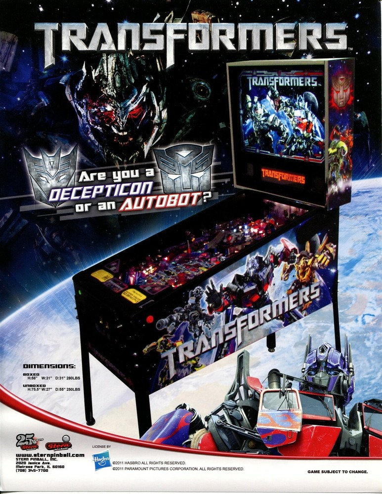 Transformers Stern Pinball Flyer/ Brochure / Ad