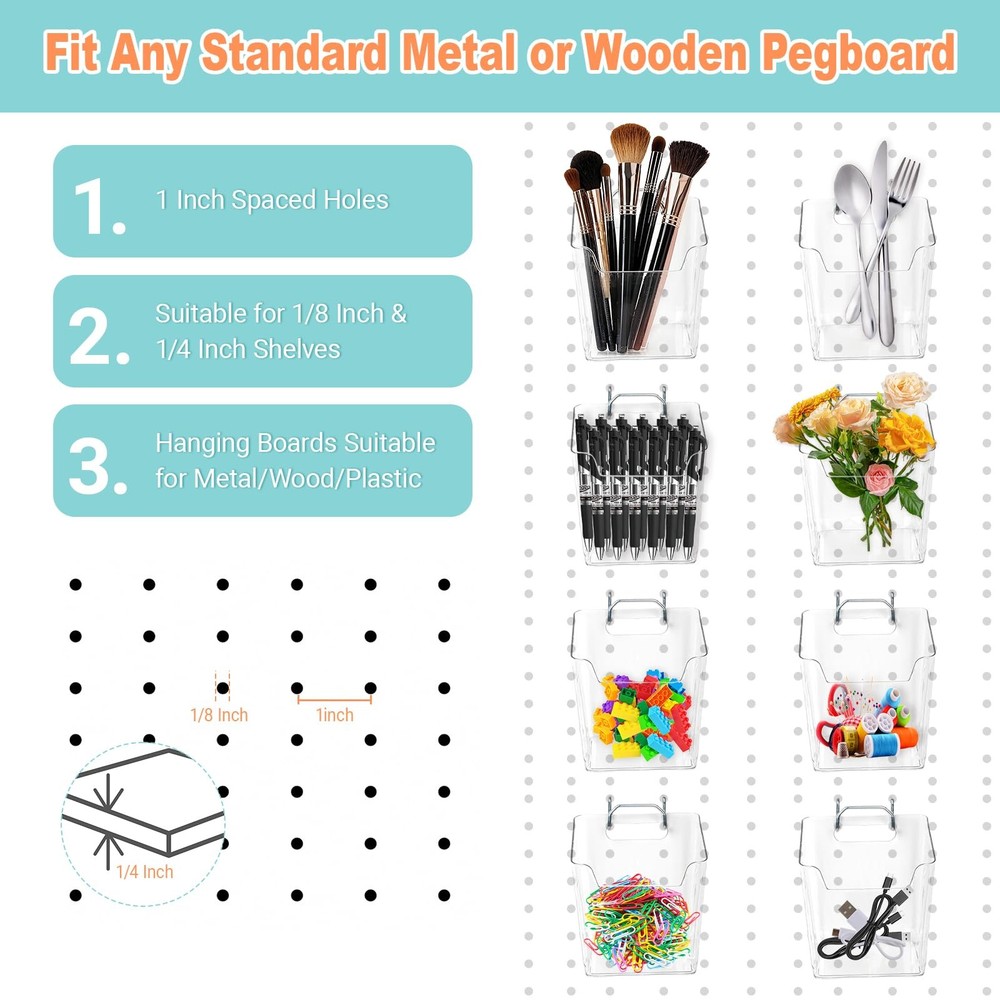 8 PCS Large Pegboard Bins Hooks Square Box Cups Transparent Organization