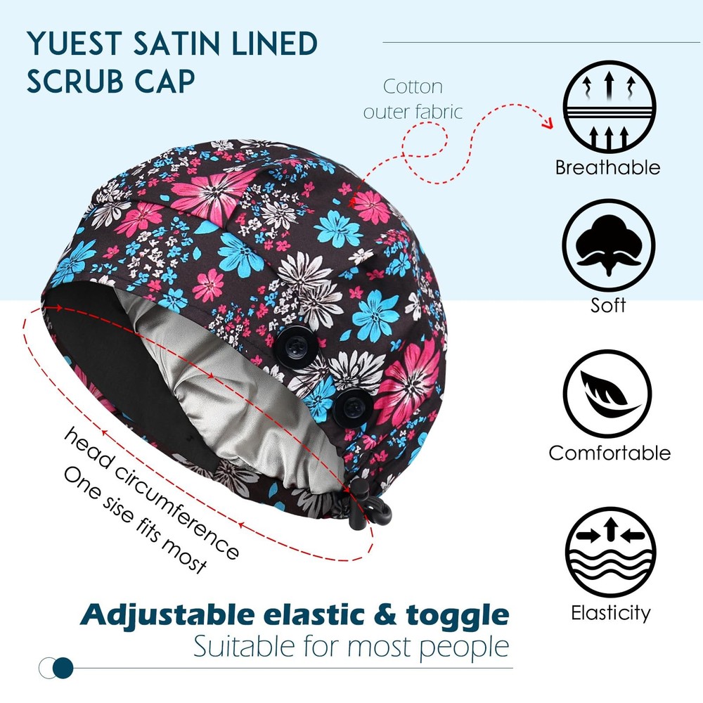 Satin Lined Bouffant Scrub Caps 2 Pack Buttons Adjustable Women Men