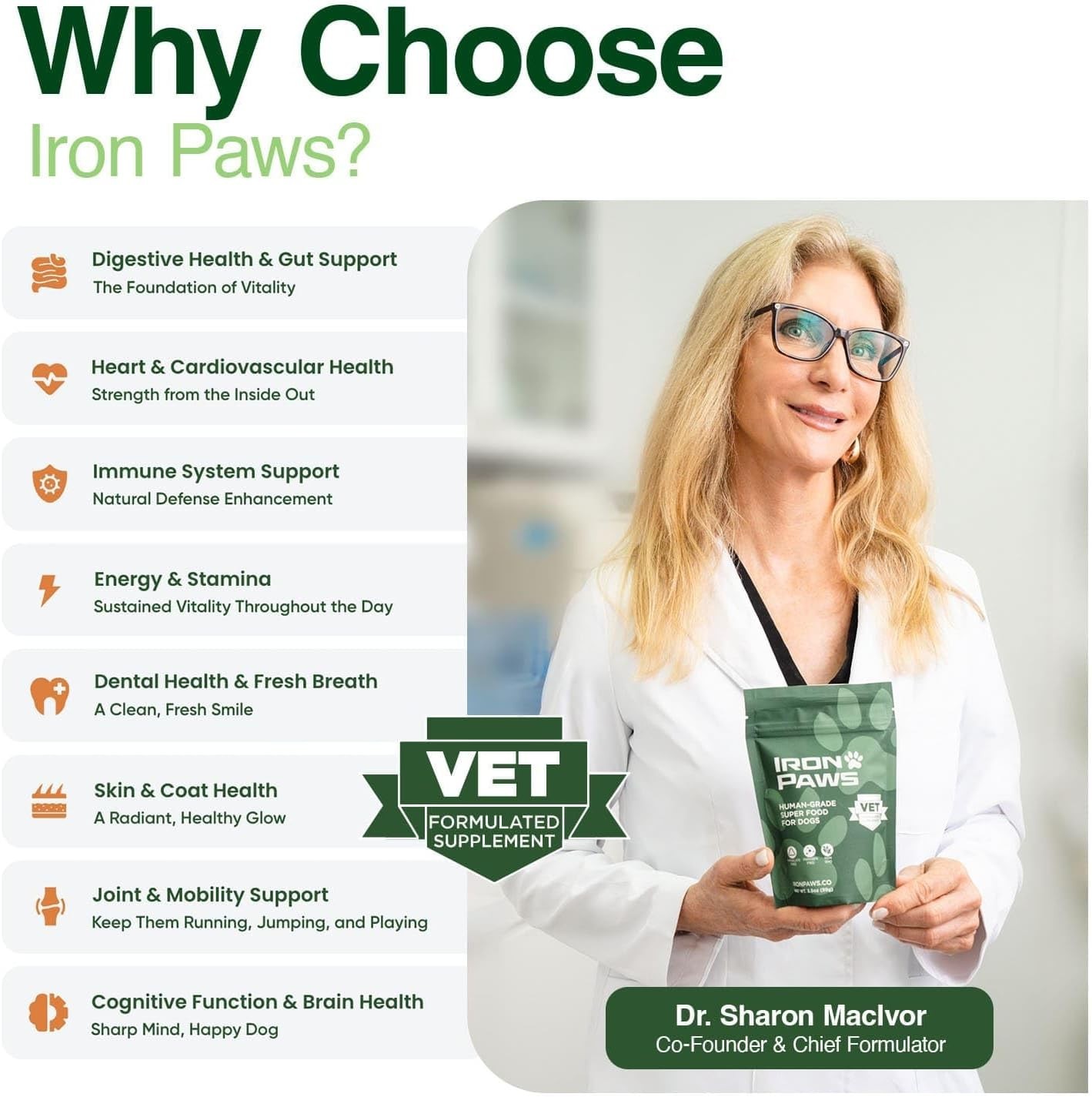 Iron Paws Human-Grade Superfood For Dogs, Premium Greens Powder Supplement Fo...