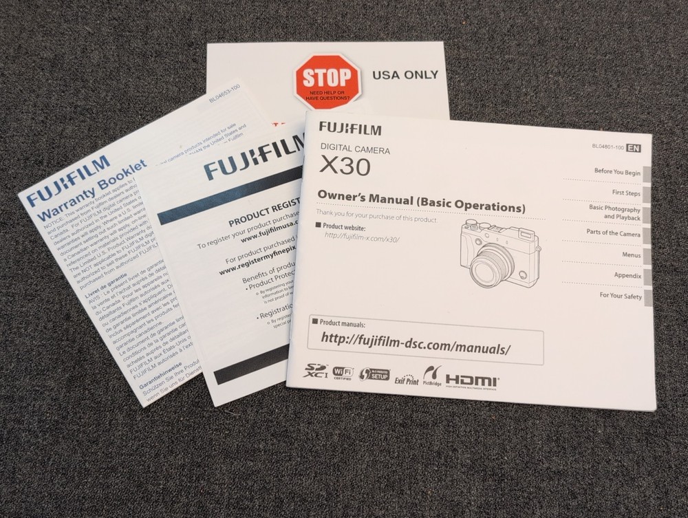 OEM Fujifilm X30 Basic Owner's Manual 56 Pg +Original Extras Mint Condition