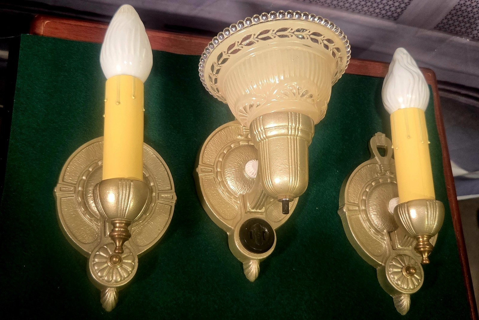 Trio Antique 1930's Markel Slip Shade Candle Wall Sconces Restored Cast Iron