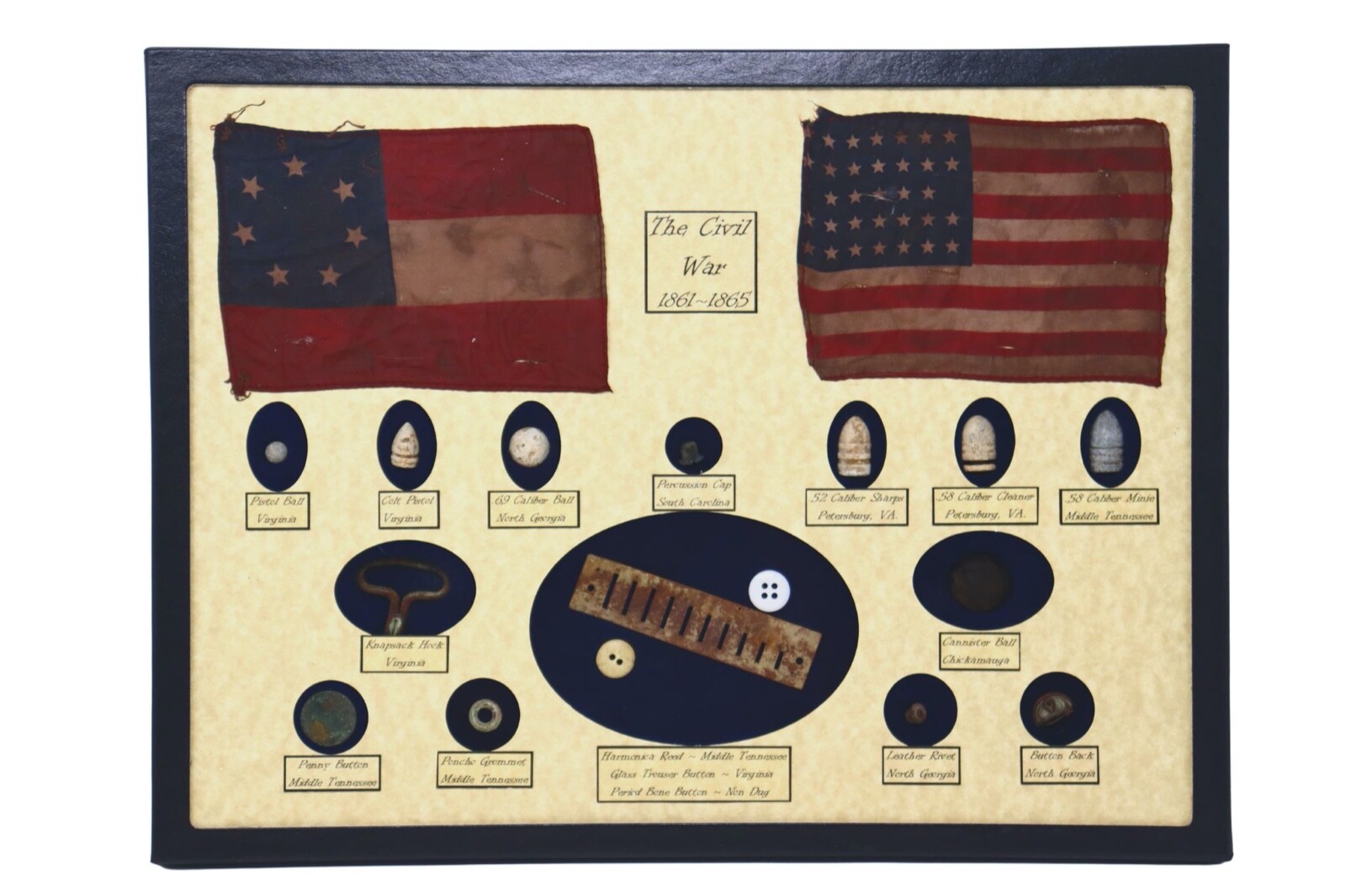 Civil War Relics, Bullets, Harmonica Reed in Display Case (16 Piece) with COA