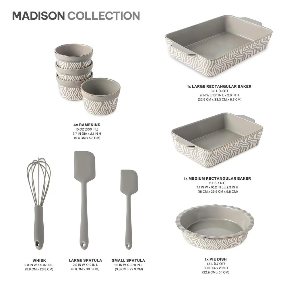 10-Piece Ceramic Bakeware Set, with Spatulas & Whisk, Madison