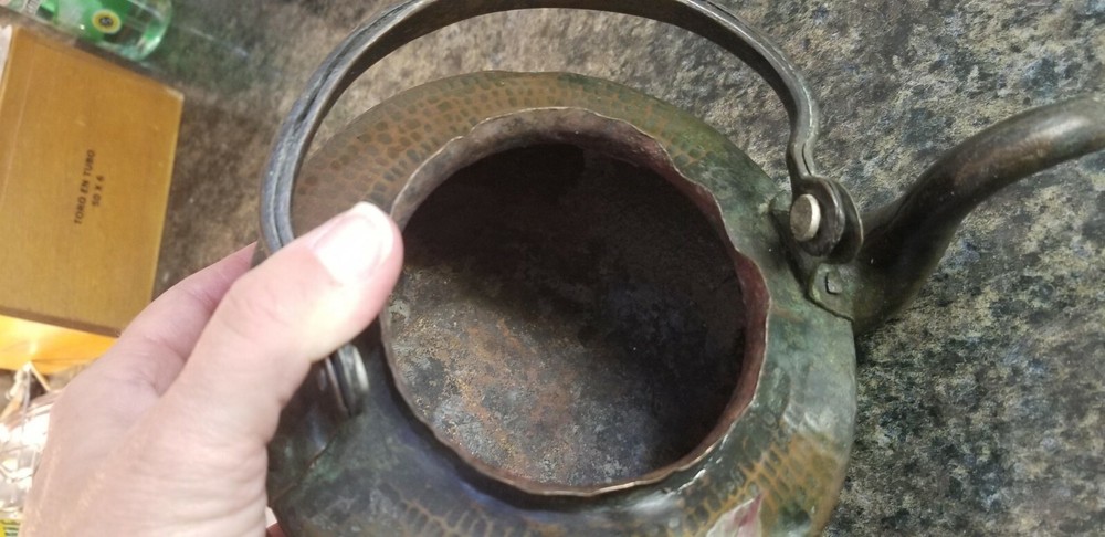 Vintage Hammered Solid Copper Teapot with Hand Painted Floral Design