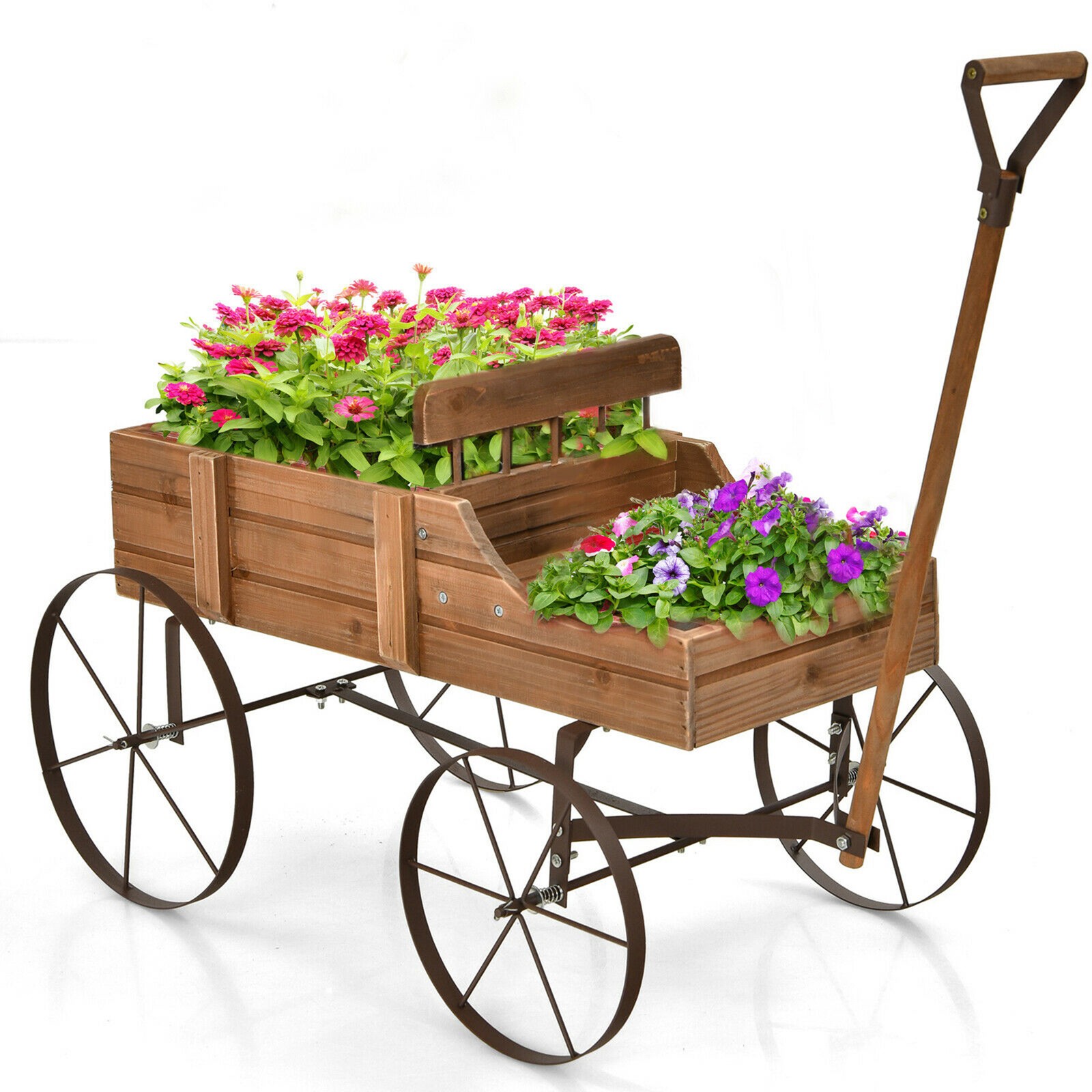 Garden Plant Planter Wooden Wagon Planter W/ Wheel Garden Yard Brown