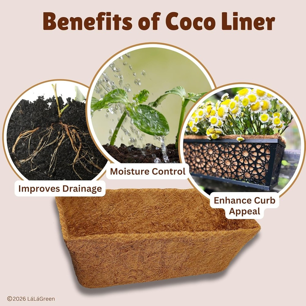 LaLaGreen 24" 2 Pack Rectangular Coco Liners Railing Planter–Large Trough Coir