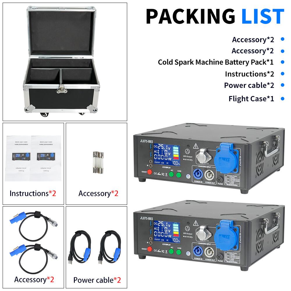 2pack 1500W Black Powered Base Cold Spark Machine Battery Pack with Flight Case