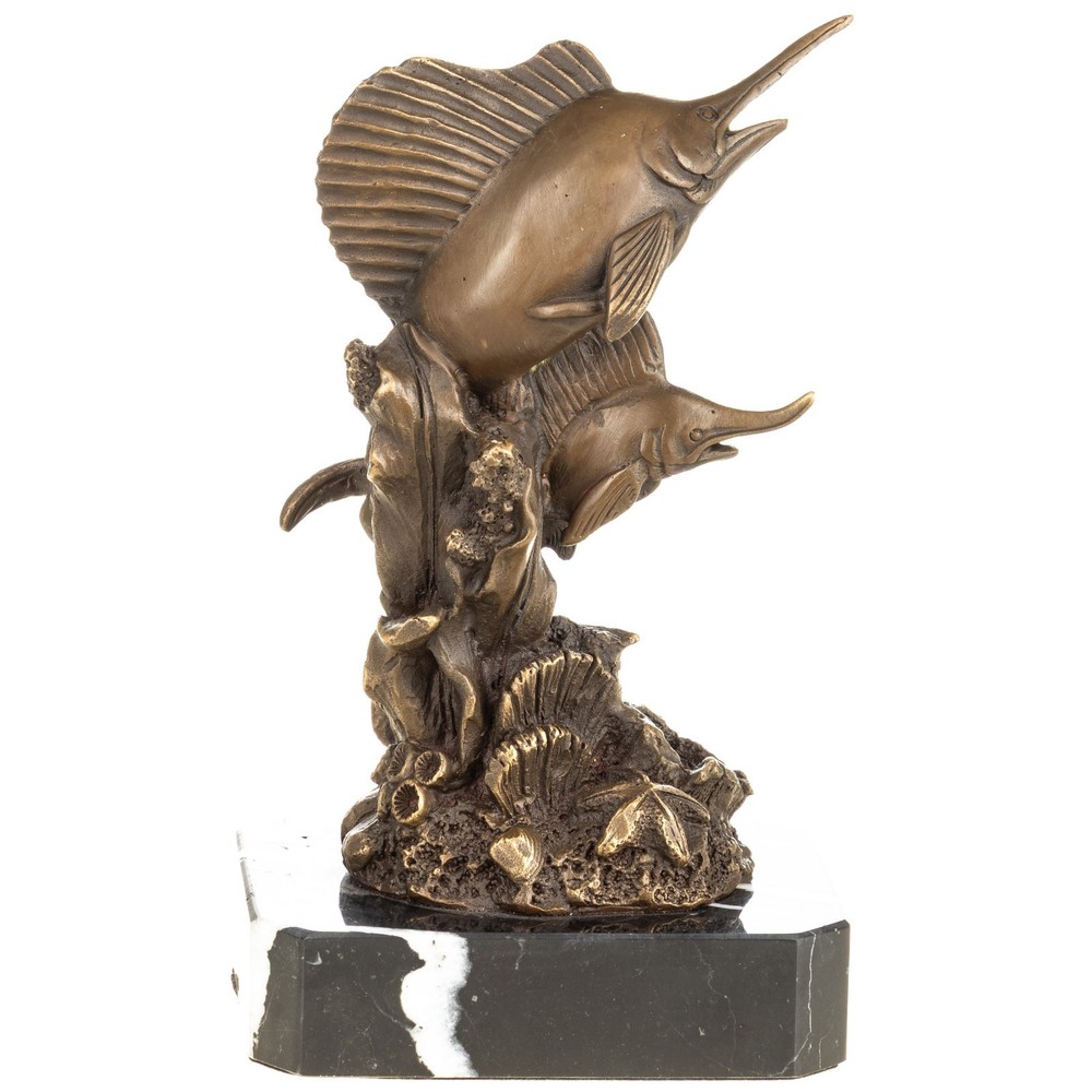Bronze Sculpture Swordfish on Black Marble Base Signed