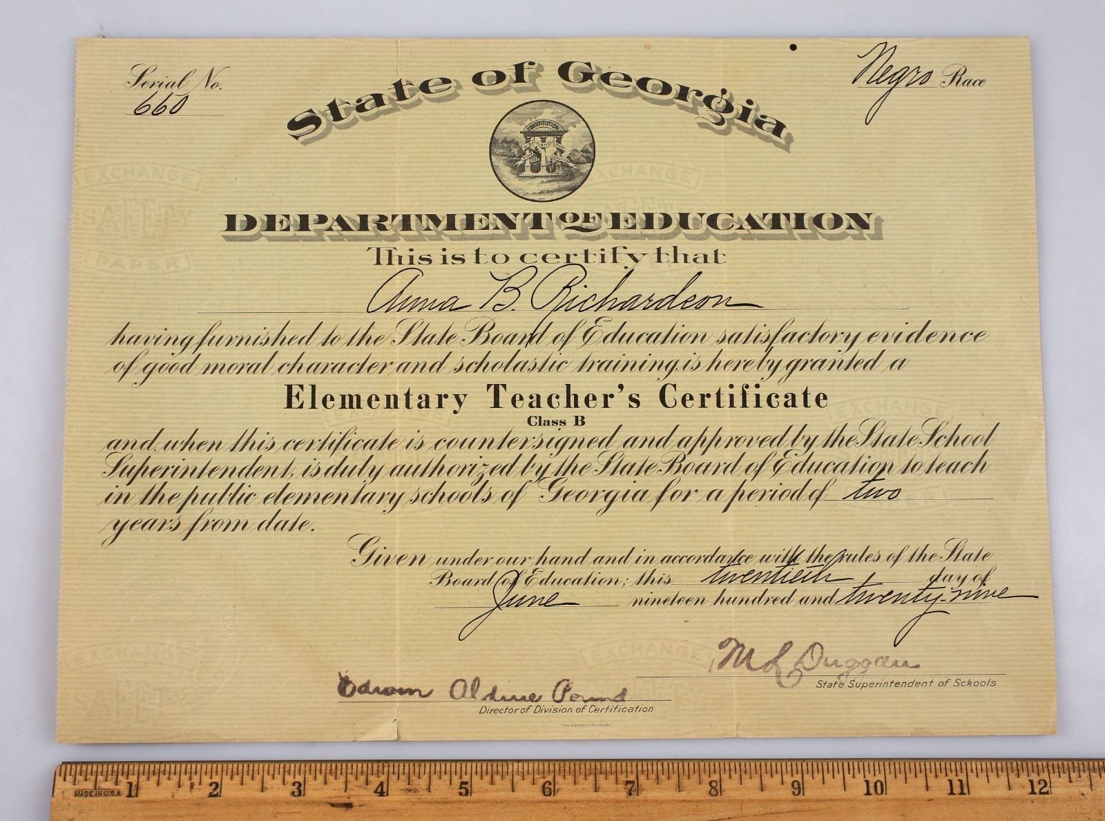 1929 Georgia Department of Education African American Teacher License Tuskegee