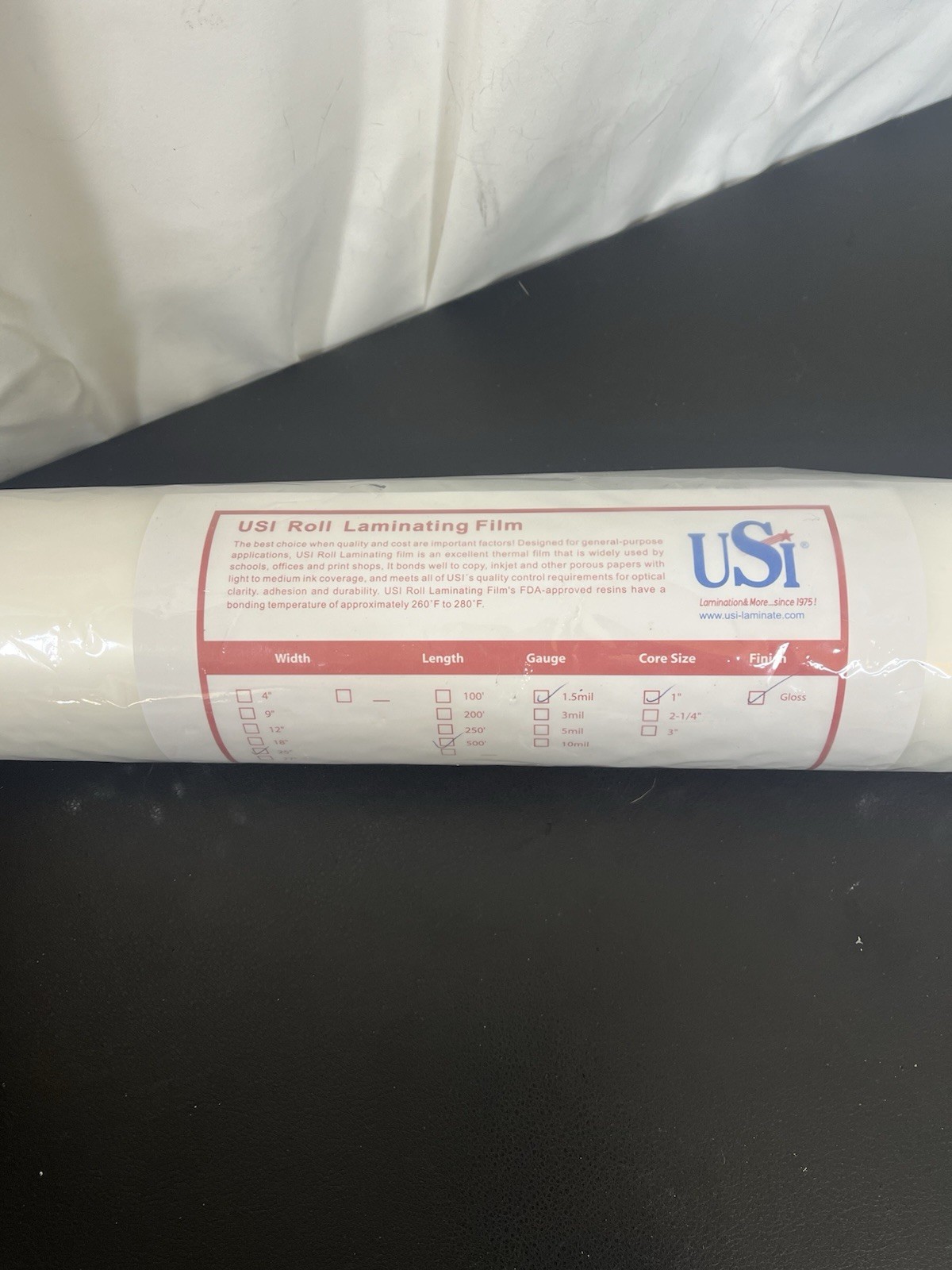 USI Roll Laminating Film 25" x 500' x 1.5 Mil Gloss Finish White 1" Core