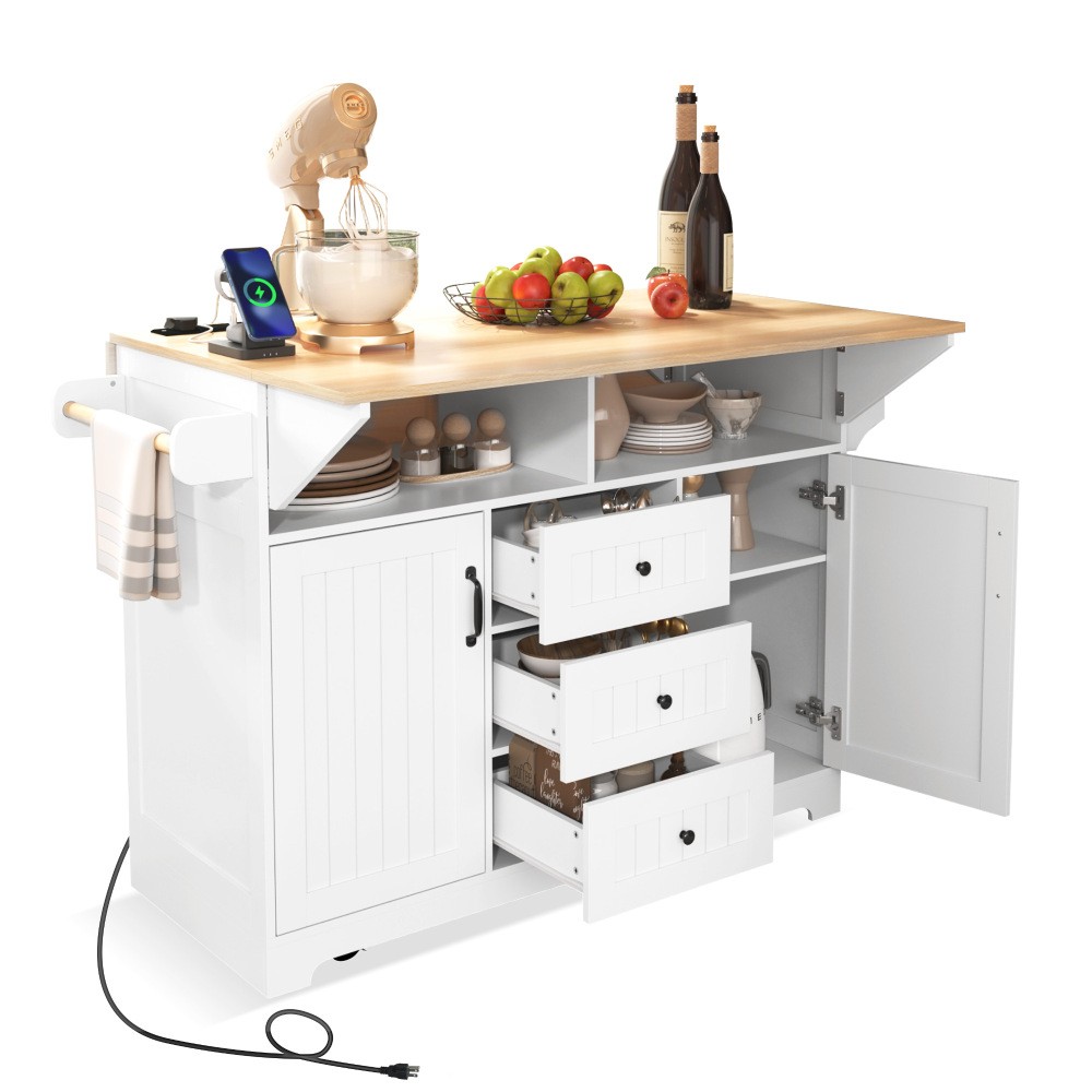 Large Kitchen Island With Rolling Drop Leaf Power Outlet Wheels Storage Drawers