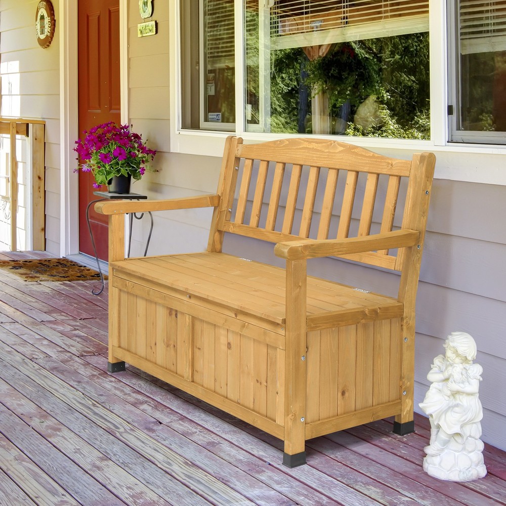Yard Storage Bench Deck Box Wood Seating Container Tools Toys with Backrest