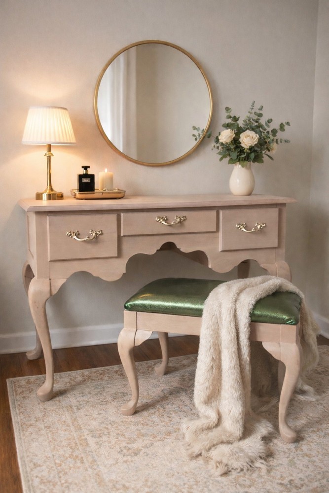 Glam Neoclassical Solid Cherry Wood Desk with Stool | Louis Philippe Inspired