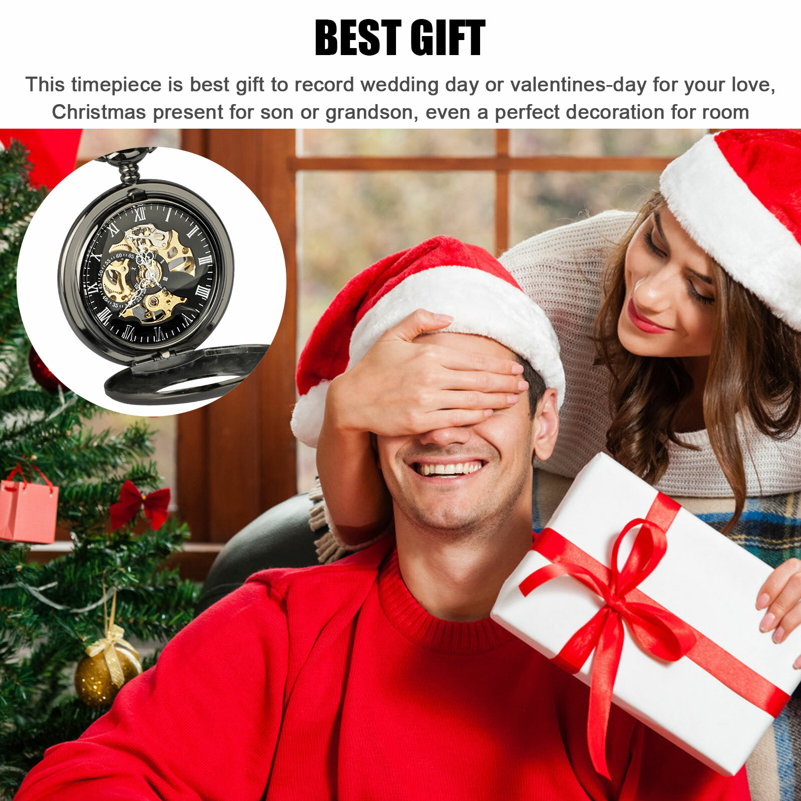 Mens Pocket Watch Mechanical Black Steampunk Skeleton Retro Chain Luxury Classic