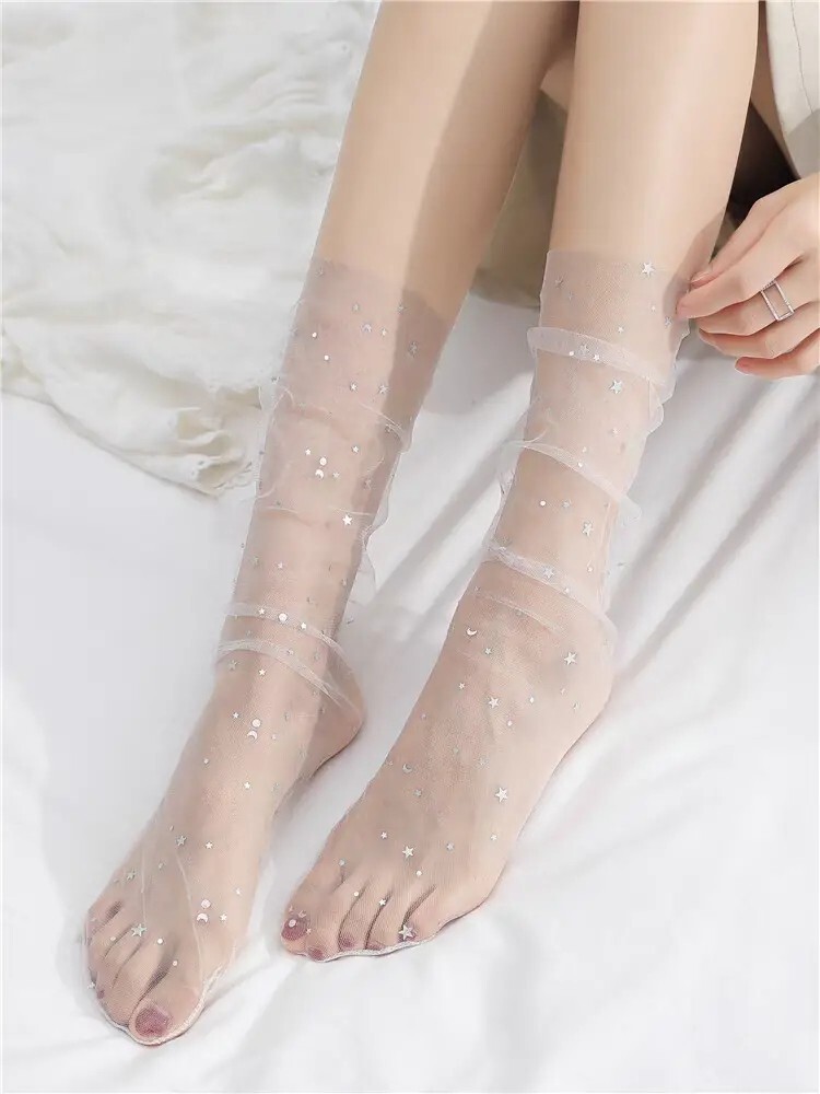 Women Mesh Fishnet Lace Ruffle Socks Sheer Silky Glitter Short Ankle Stockings