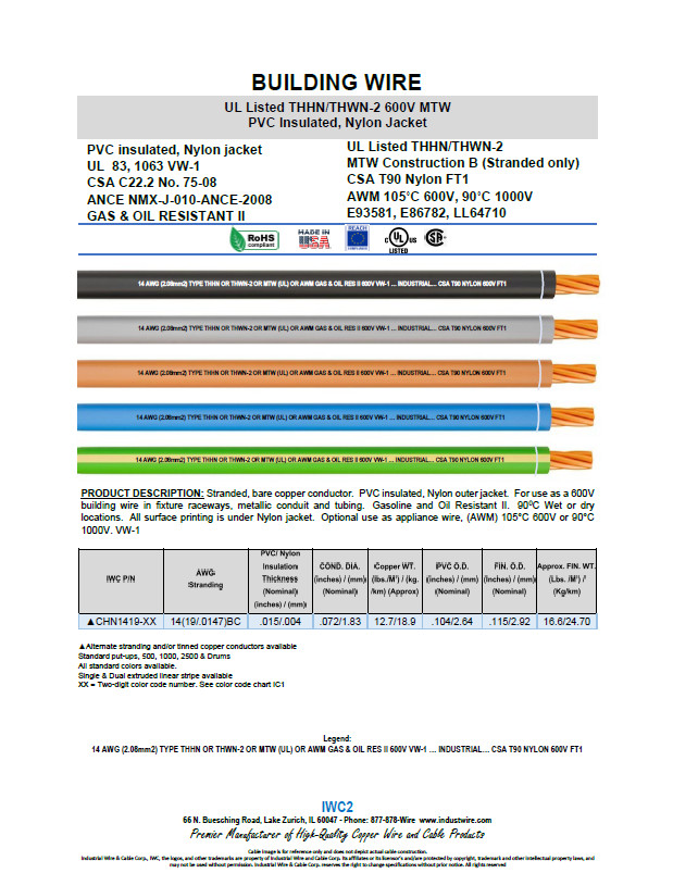 500 FT THHN/THWN WIRE. 14AWG STRANDED BC 600 VOLT. MADE IN USA. WHITE