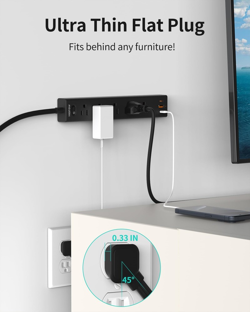 Flat Plug Power Strip, 6 Ft Ultra Thin Extension Cord, Surge Protector with 5...