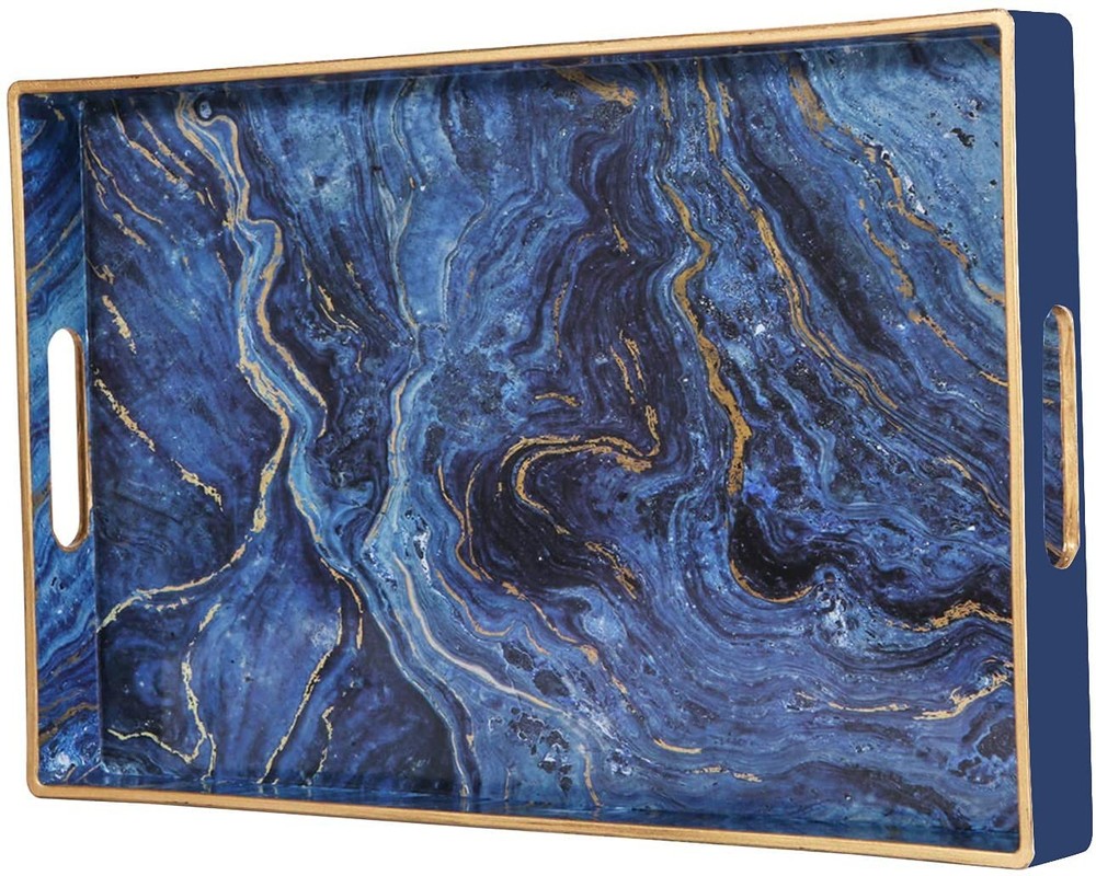 Decorative Tray Marbling Plastic Rectangular Vanity Serving 15.6x10.2 Blue