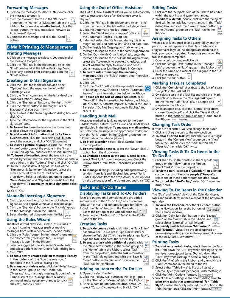 Outlook 2013 Training Guide Quick Reference Card 4 Page Cheat Sheet Instructions