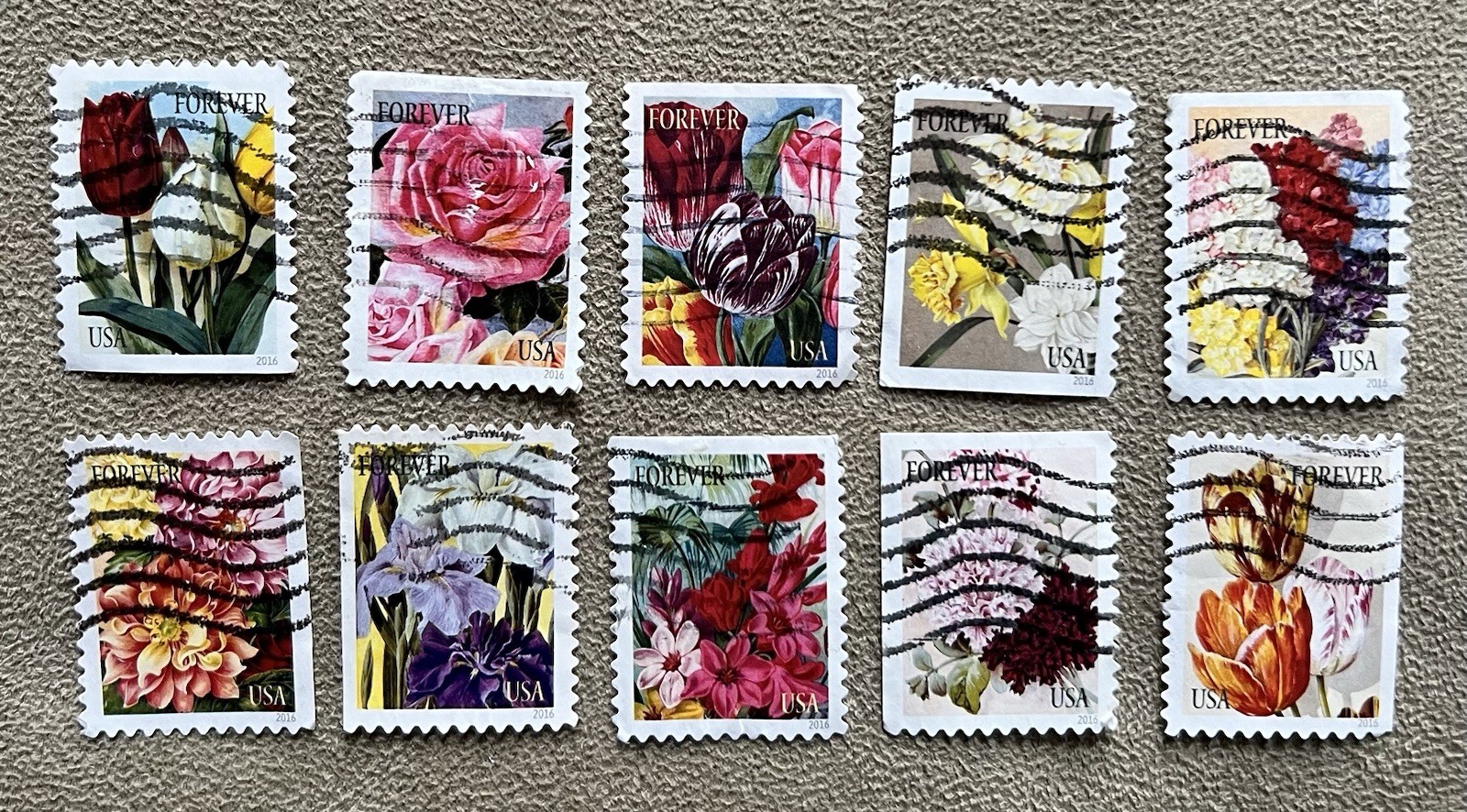 US Sc # 5042 - 5051 Botanical Art Flowers Complete set 10 used forever stamps