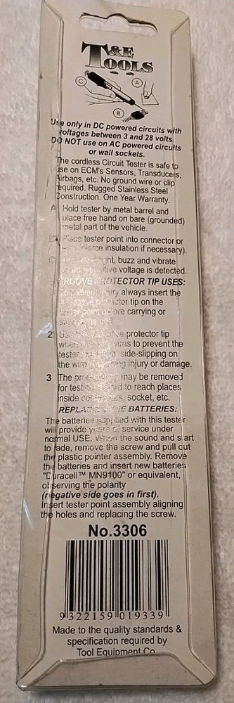 T&E TOOLS #3306 CORDLESS CIRCUIT TESTER 3-28 VOLTS