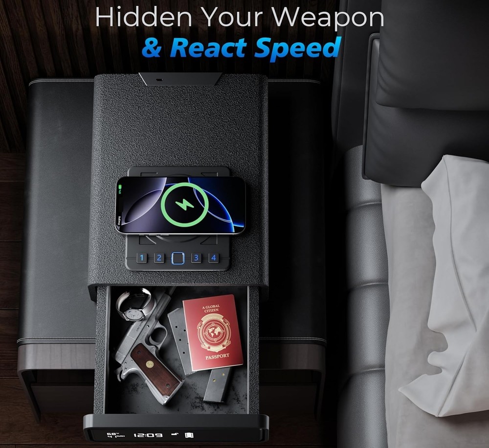 Biometric Safe with Wireless Charging, 3 Access Methods to Unlock, Nightstand Dr