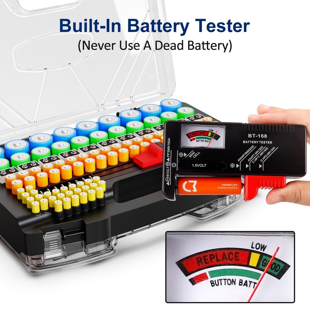 Double Sided Battery Organizer Holder Box with Tester High Capacity 285 Plus Bla