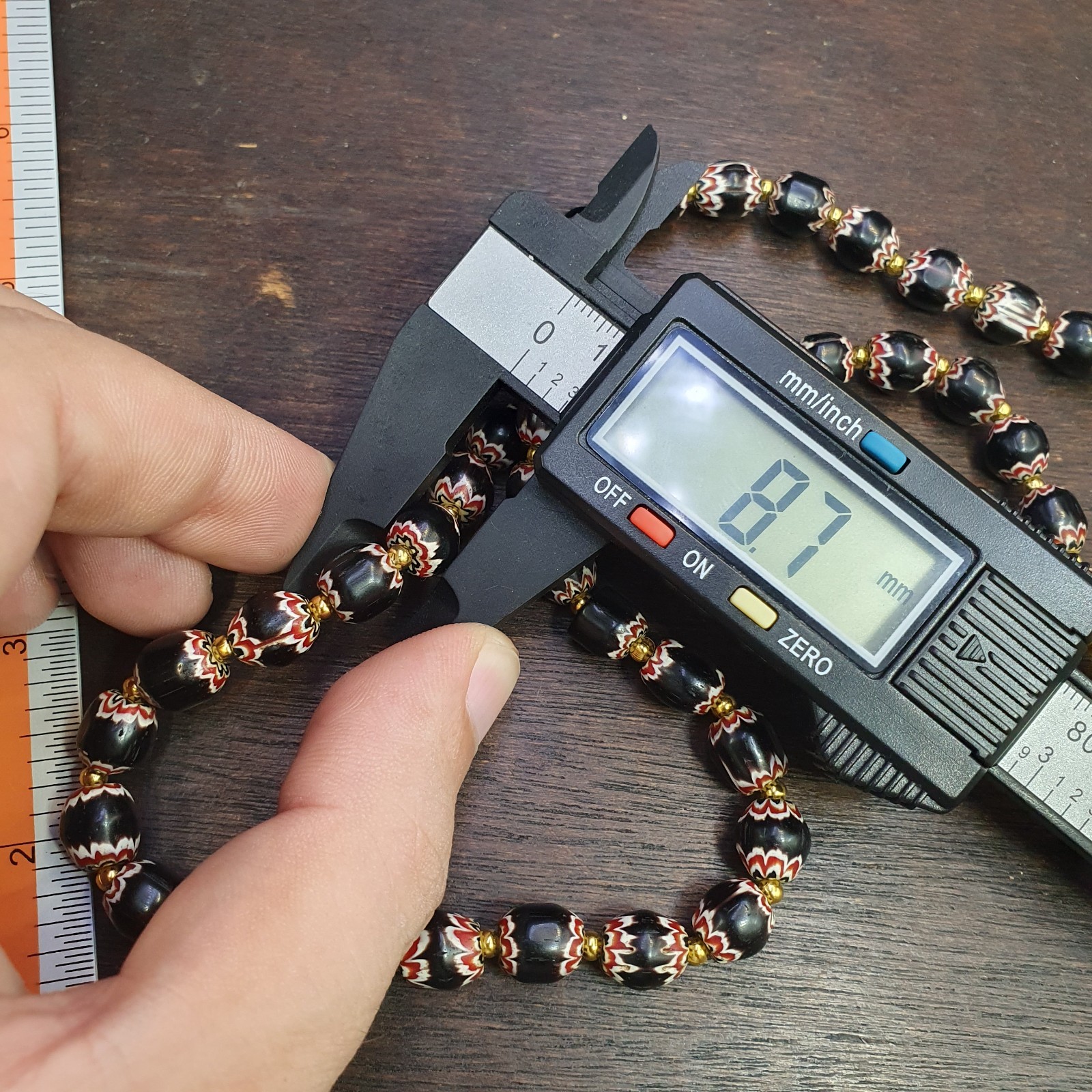Vintage Venetian Style beads Old African black Glass Chevron Beads Long Strand