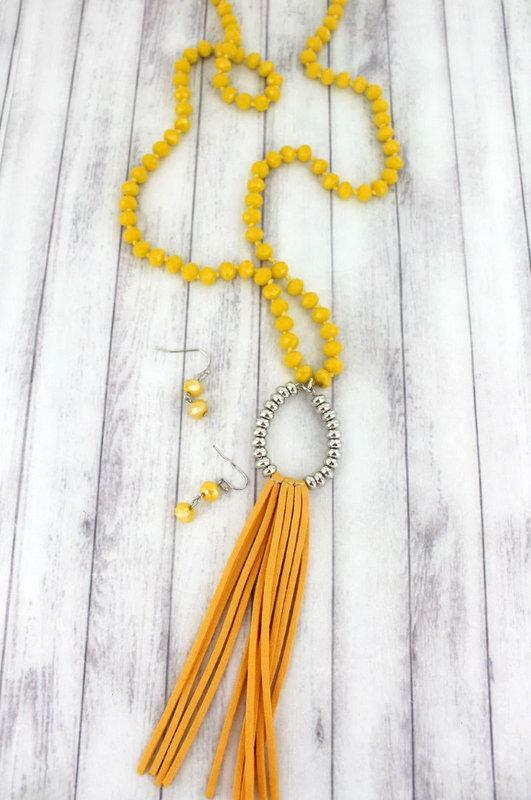 Yellow & Silvertone Teadrop Tassel Beaded Necklace Set