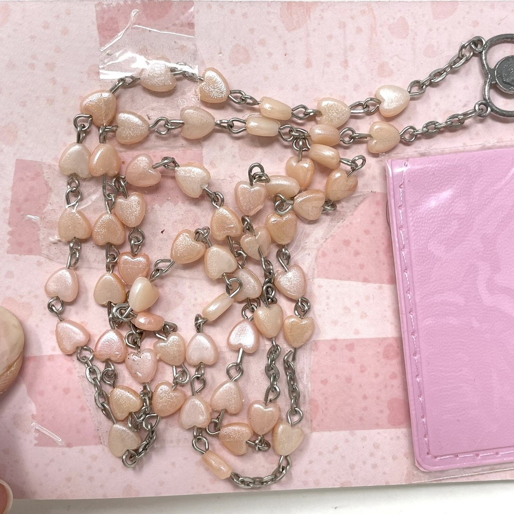 Catholic Rosary Pink Hearts Case Prayers Instructions Gift First Communion
