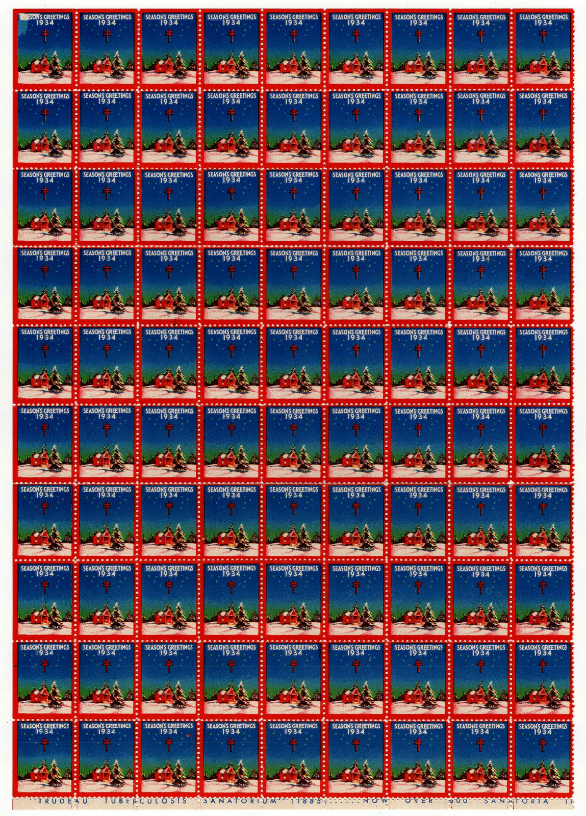 1934 WX75 Winter Night/Snow Partial Sheet of 90 US Christmas Holiday Seals MNH