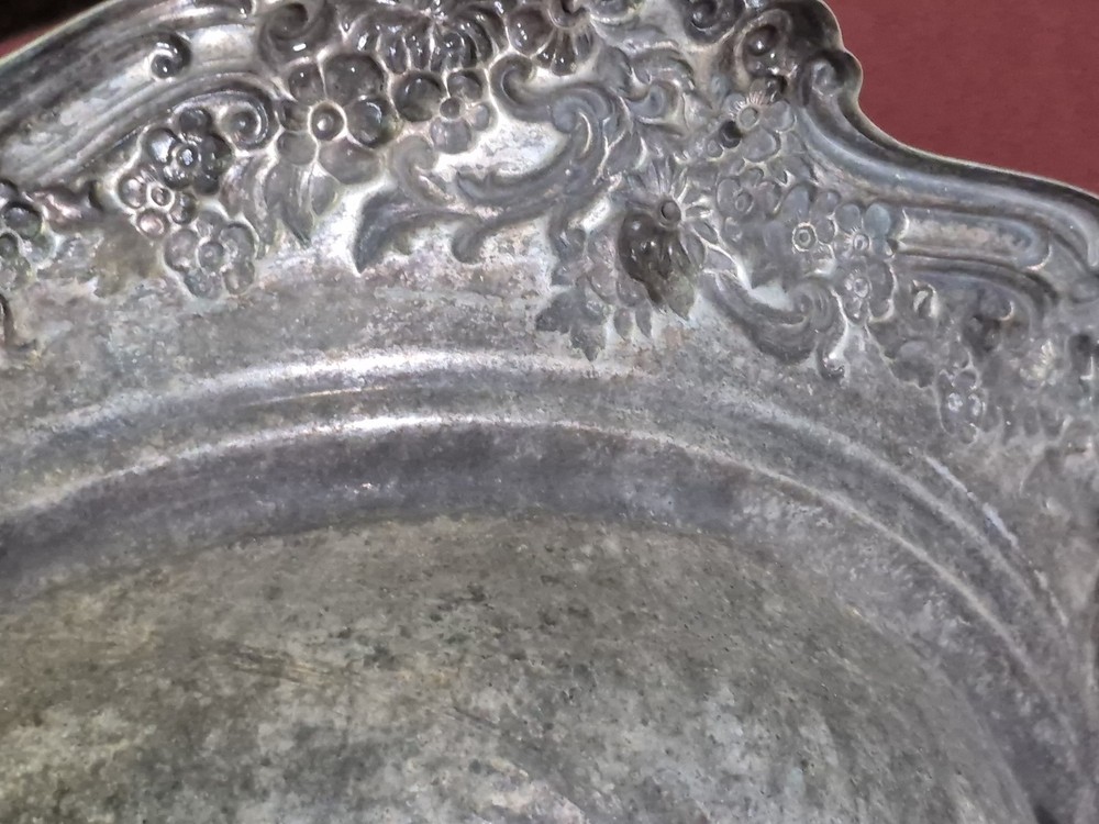 Silver Plate Decorative Serving Bowl With Floral Pattern Distressed
