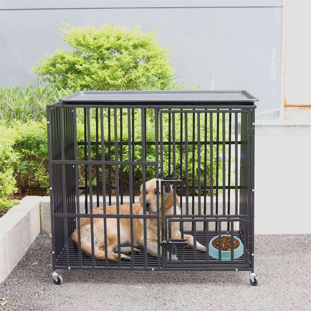 XXL Heavy Duty Pet Dog Cage Strong Metal Crate Kennel Playpen with Wheels &Tray
