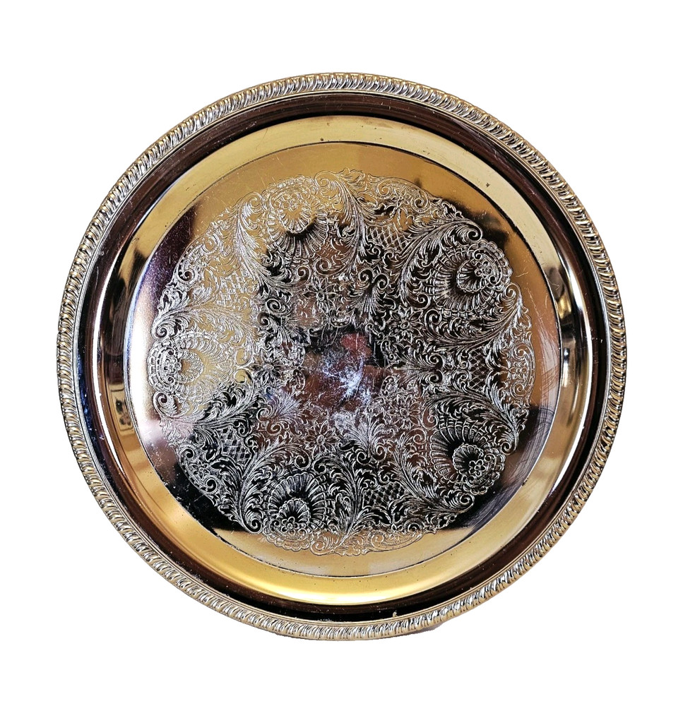 Irvinware Silverplate Serving Tray Etched Design with Rope Rim USA 12"