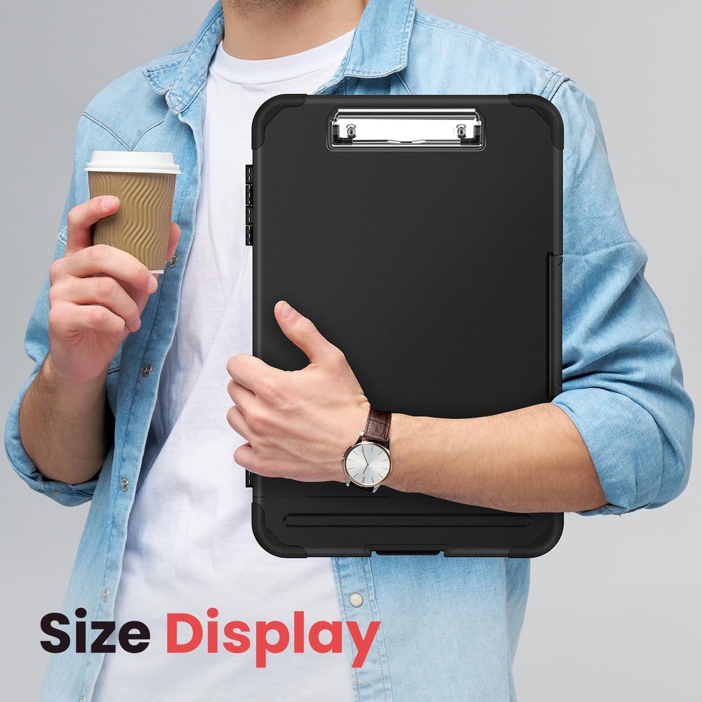 Sooez Reinforced Clipboard with Storage, Inner Plastic Folder Attached, Black