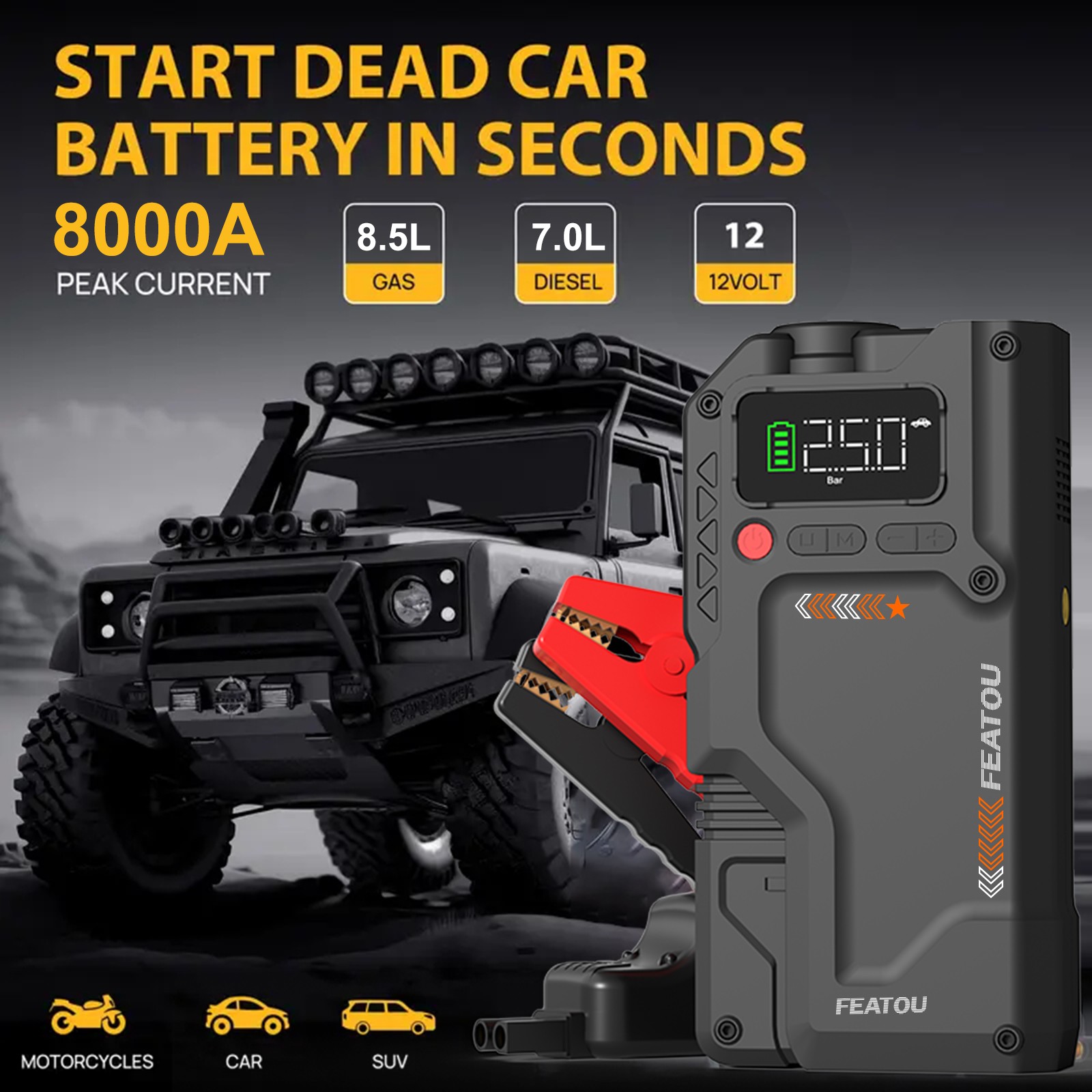8000A Featou Jump Starter Air Compressor Portable 150PSI Car Battery Booster 12V