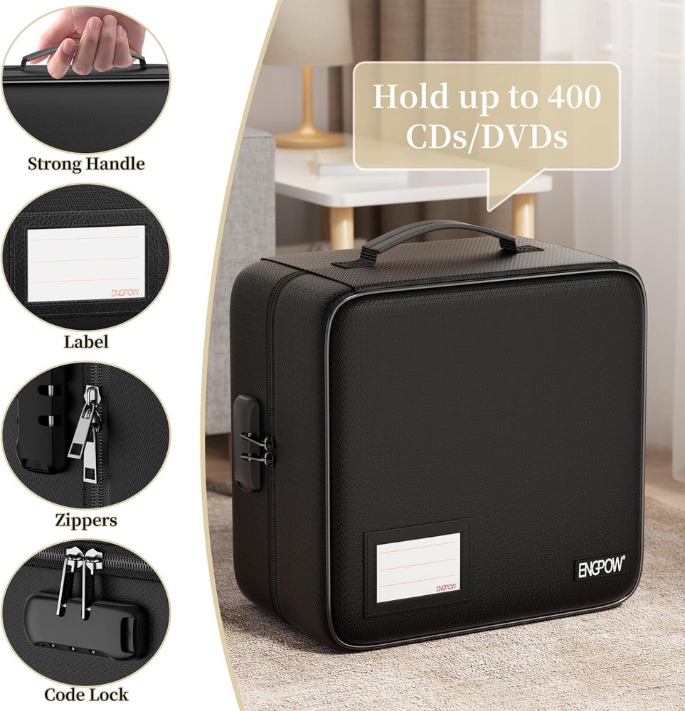 ENGPOW CD/DVD Storage Case with Lock,Fireproof 400 Capacity-with Lock