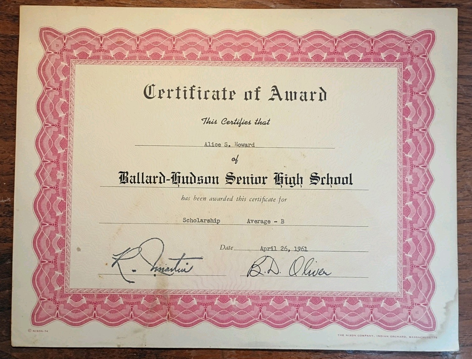 1961 Segregated (HBHS) Ballard-Hudson High School Award Certificate - Macon GA