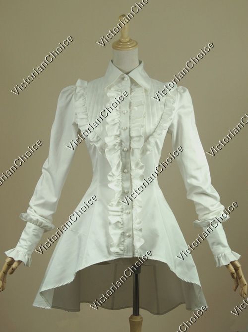 Victorian Gothic Women White Vintage Cotton Shirt Blouse Steampunk Costume B007