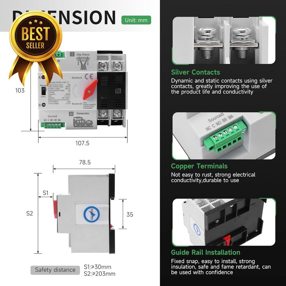 100A Automatic Transfer Switch 2 Pole 110V Dual Power ATS Din Rail Generator