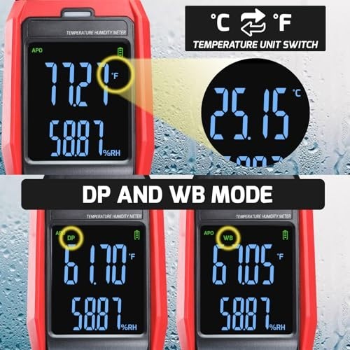 Digital Humidity & Temperature Meter Data Logger, LCD Psychrometer, Dew Point Al