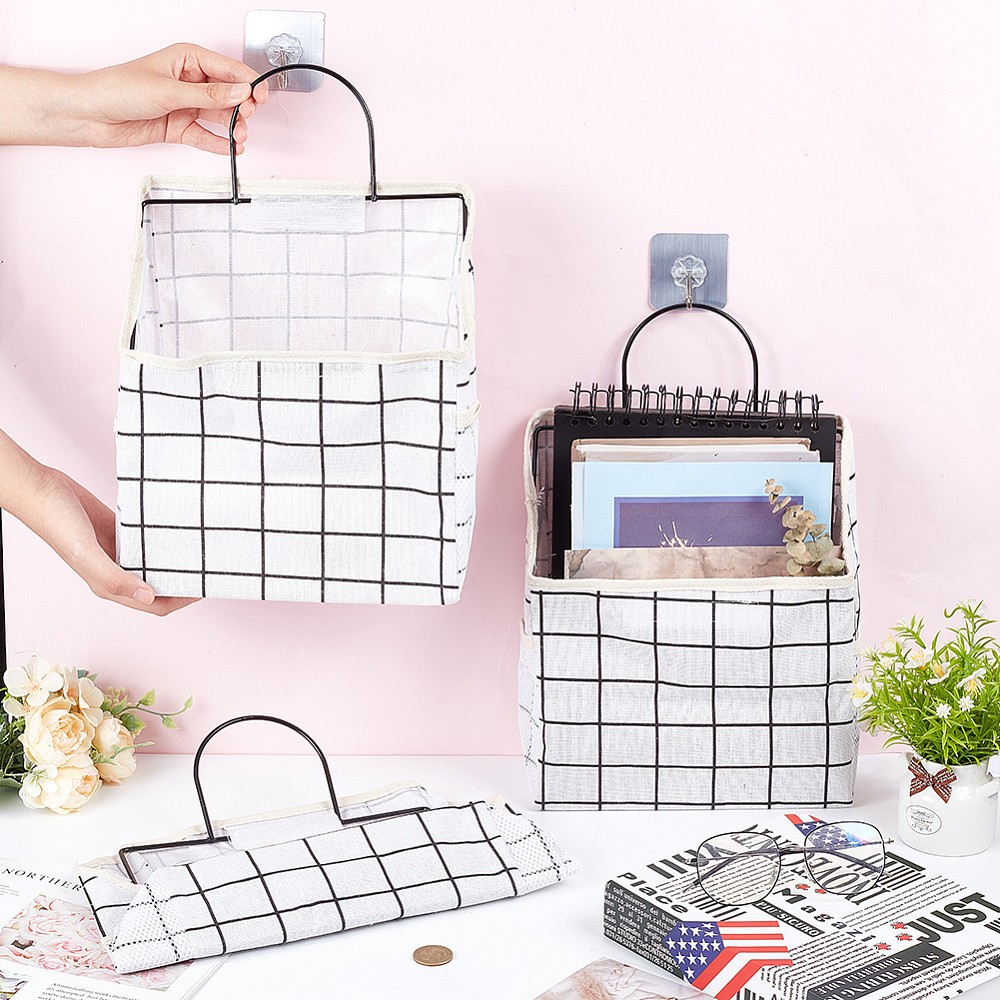 6sets Tartan Pattern Polycotton Bedside Caddy for Dorm Storage Pouch Organizer