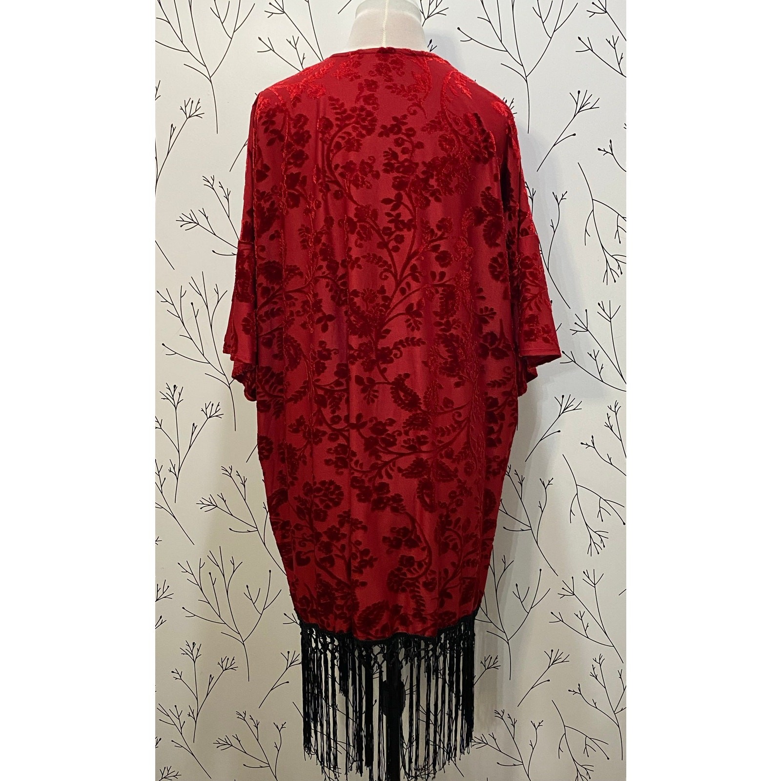 Gypsies & Moondust Red Velvet Burnout Kimono Black Fringe Medium