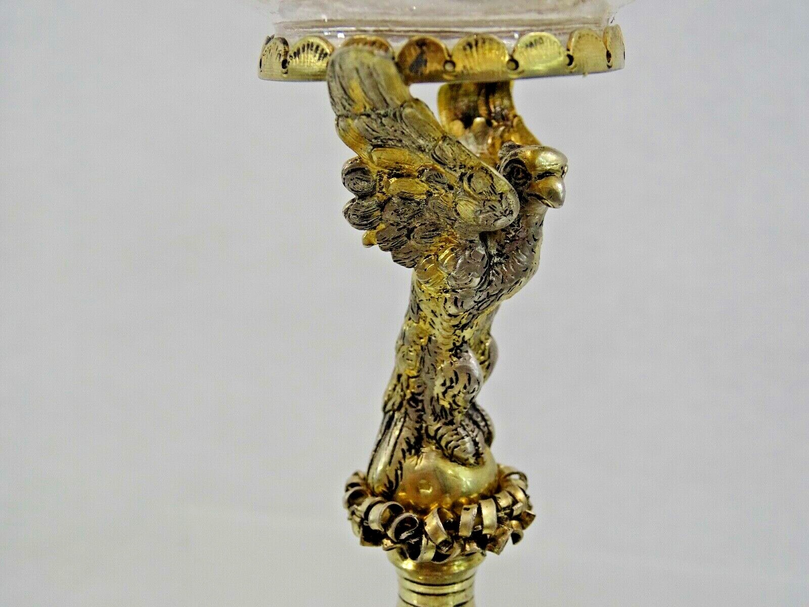 GORGEOUS SILVER - GILT / ROCK CRYSTAL TAZZA ANTIQUE GERMAN FIGURAL EAGLE LIZARD