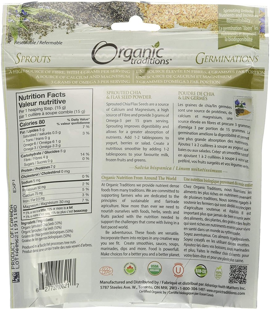 Organic Traditions Organic Sprouted Chia/Flax Seed Powder 8 oz Pkg