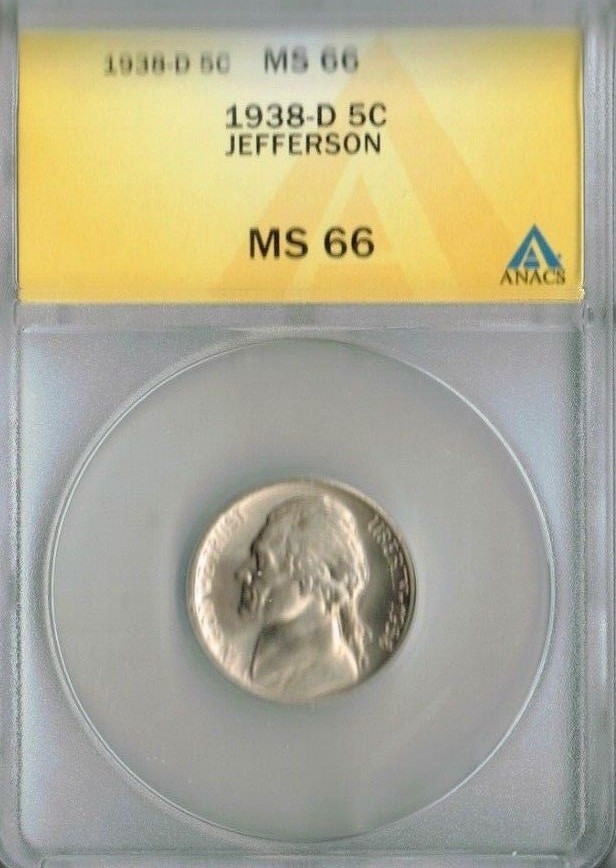 1938-D Denver ANACS Authenticated Jefferson Nickel Five Cent MS 66!